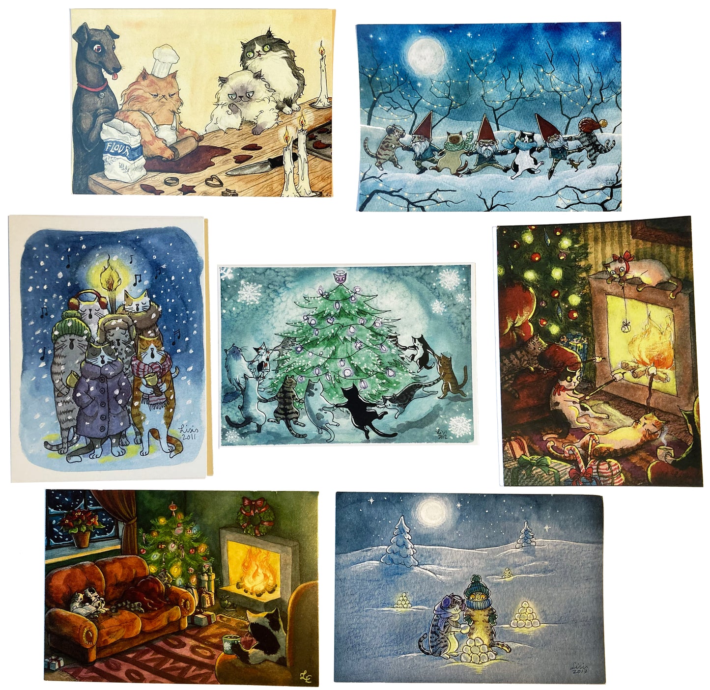 Set of 7 Yule/Christmas Cat Cards