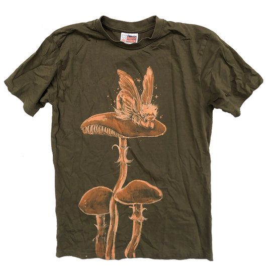 ‘Faerie on Mushroom' one of a kind upcycled t-shirt (size: S)