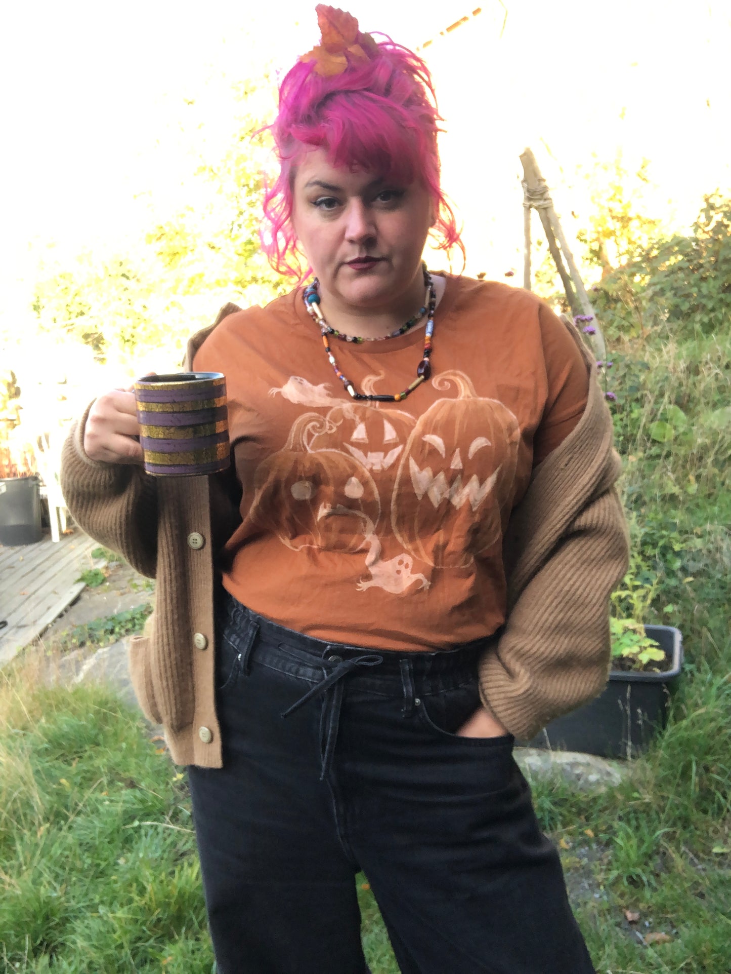 “Jack O Lanterns' one of a kind upcycled t-shirt (size: L-XL)