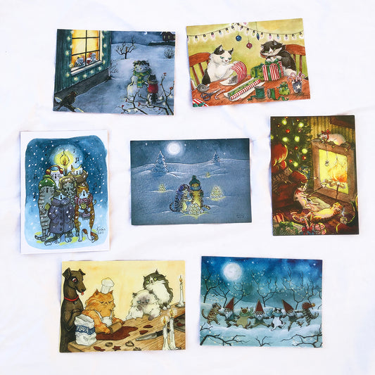 Set of 7 Yule/Christmas Cat Cards