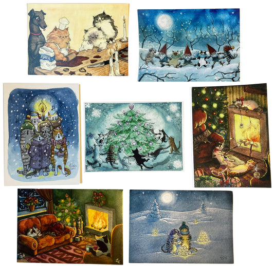 Set of 7 Yule/Christmas Cat Cards