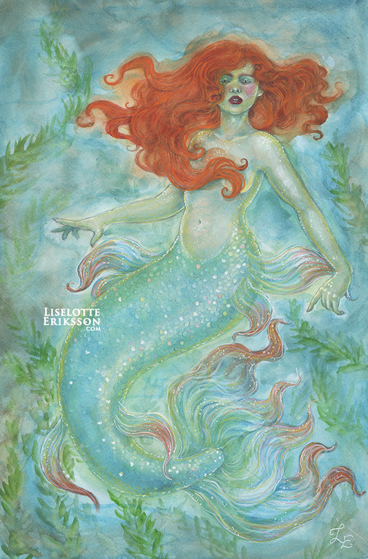 'Mermaid With Red Hair' Original Watercolour Painting