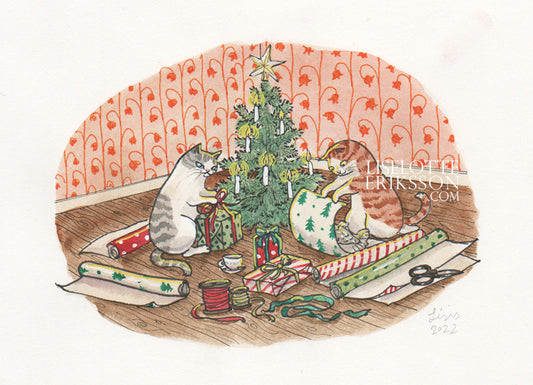 'Wrapping Christmas Presents' Original Illustration